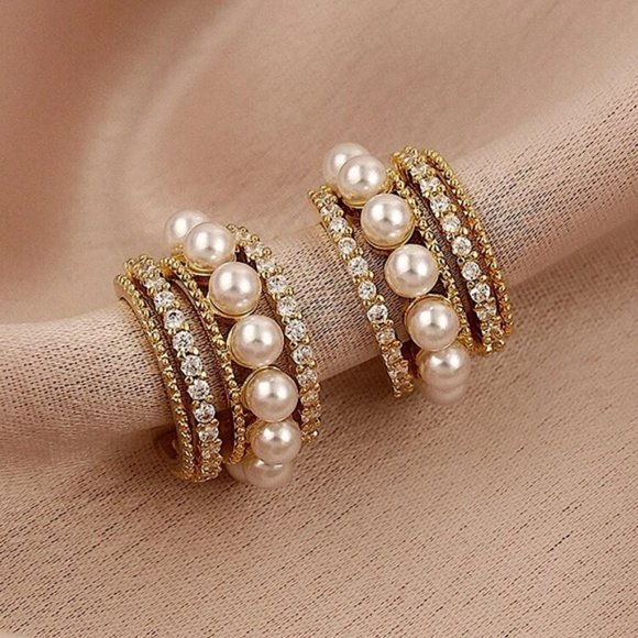 Rhinestone & Faux Pearl Hoop Earrings - Picture 2 of 3